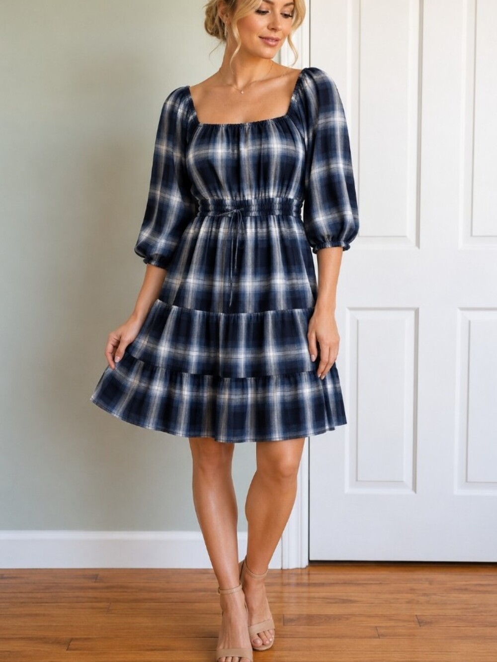 Lulus Plaid Babydoll Dress Navy Blue Puff Sleeve Tiered Mini Cottagecore L NWT